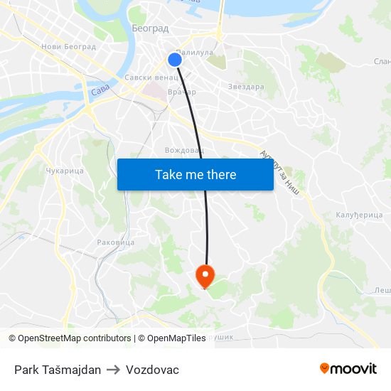 Park Tašmajdan to Vozdovac map