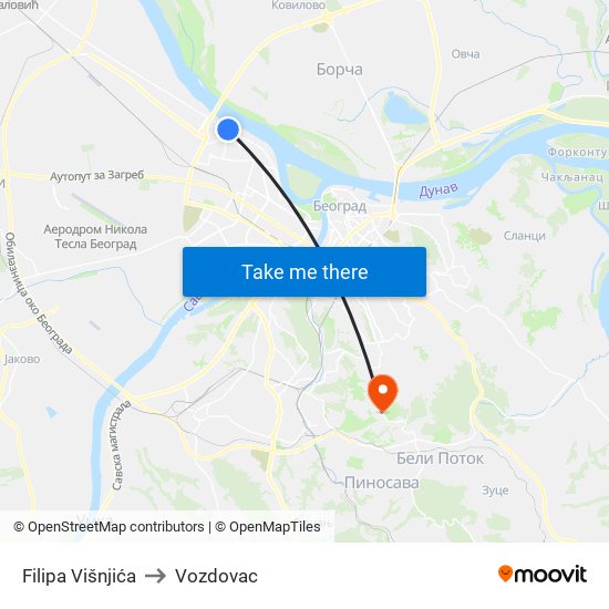 Filipa Višnjića to Vozdovac map