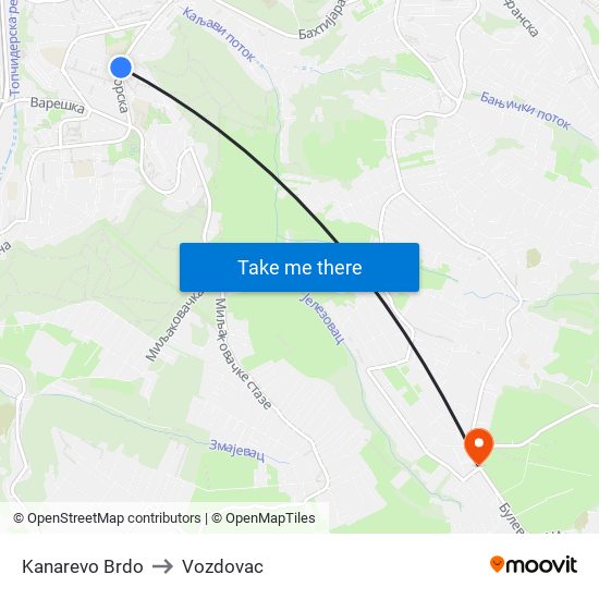 Kanarevo Brdo to Vozdovac map