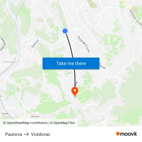 Paunova to Vozdovac map