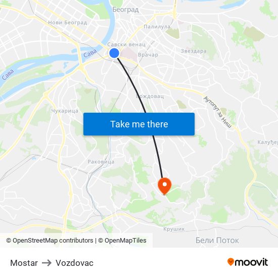 Mostar to Vozdovac map