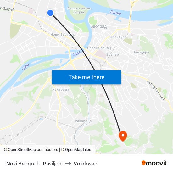 Novi Beograd - Paviljoni to Vozdovac map