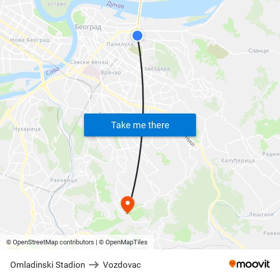 Omladinski Stadion to Vozdovac map