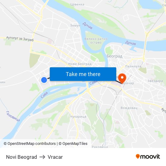 Novi Beograd to Vracar map