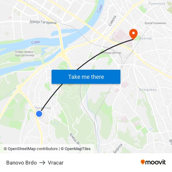 Banovo Brdo to Vracar map