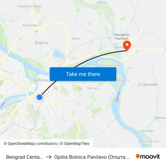 Beograd Centar - Prokop to Opšta Bolnica Pančevo (Општа Болница Панчево) map