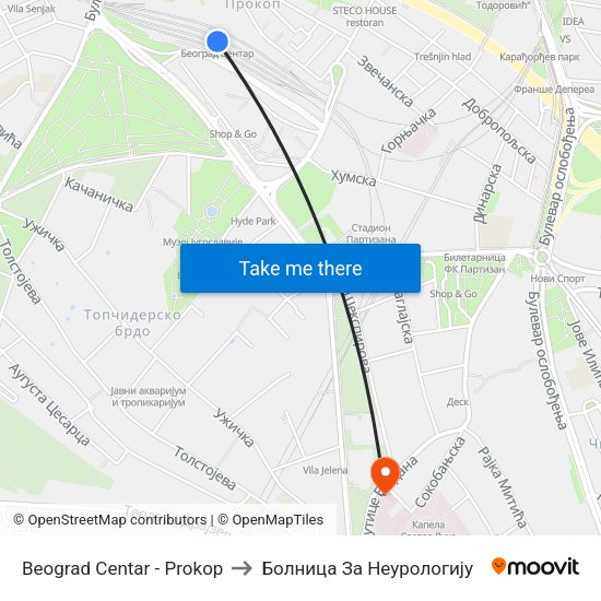 Beograd Centar - Prokop to Болница За Неурологију map