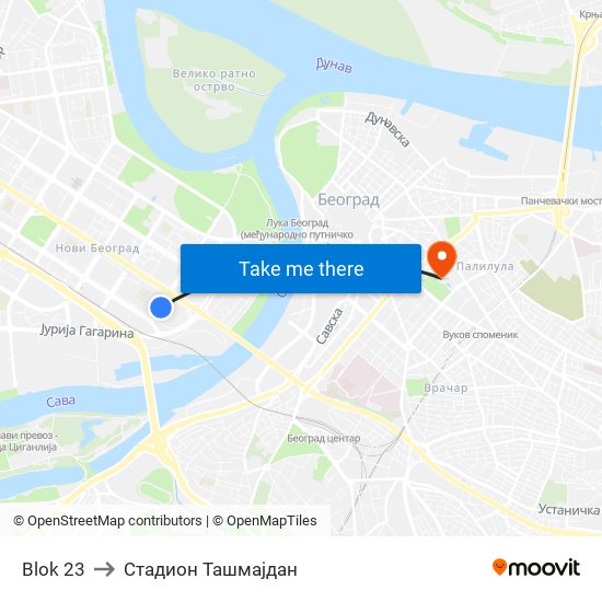 Blok 23 to Стадион Ташмајдан map