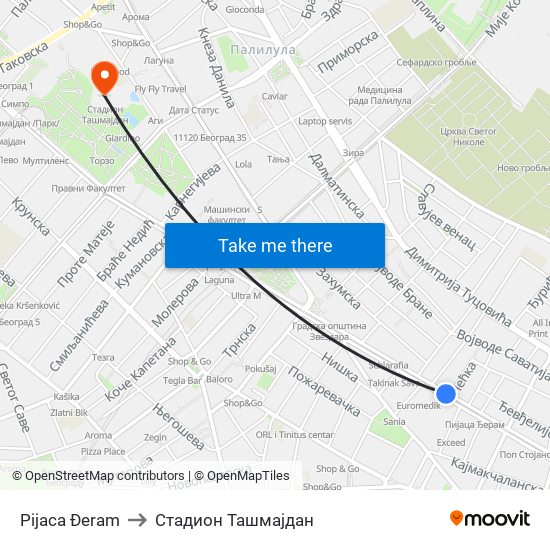 Pijaca Đeram to Стадион Ташмајдан map