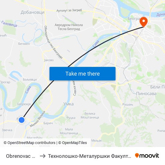 Obrenovac Аs to Технолошко-Металуршки Факултет map