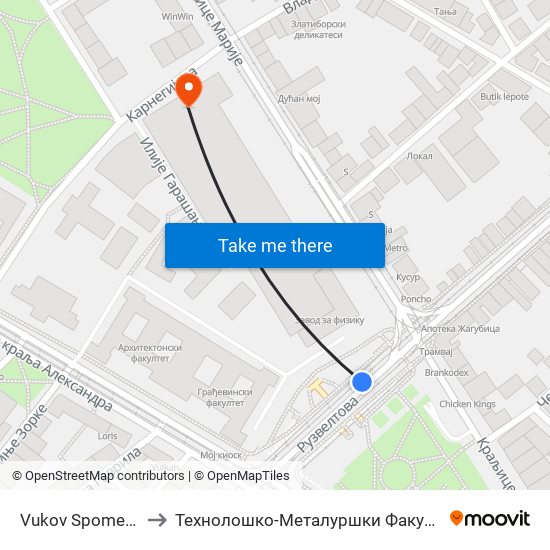 Vukov Spomenik to Технолошко-Металуршки Факултет map