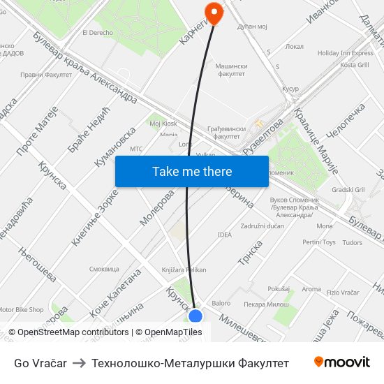 Go Vračar to Технолошко-Металуршки Факултет map