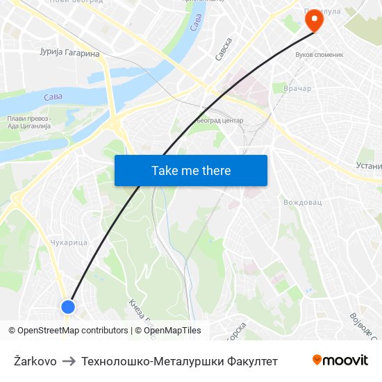 Žarkovo to Технолошко-Металуршки Факултет map