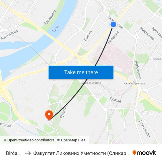 Birčaninova to Факултет Ликовних Уметности (Сликарски И Графички Одсек) map