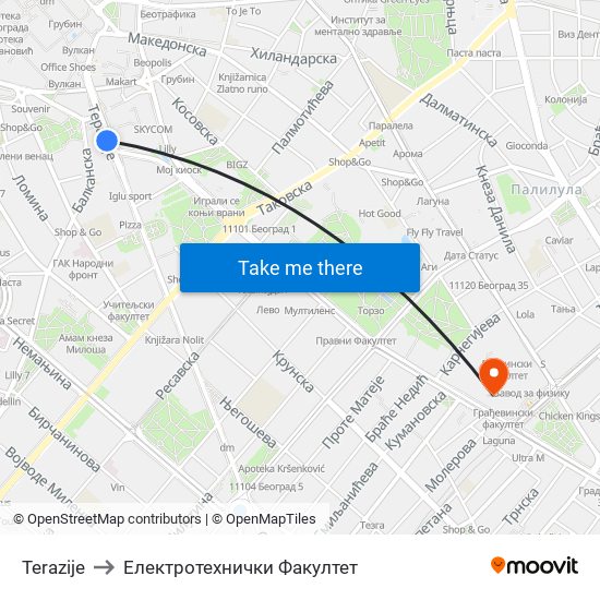 Terazije to Електротехнички Факултет map