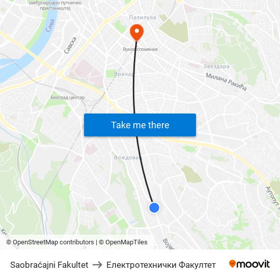 Saobraćajni Fakultet to Електротехнички Факултет map