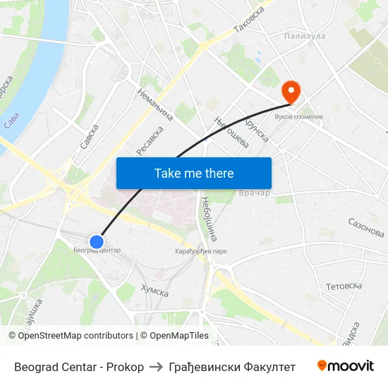 Beograd Centar - Prokop to Грађевински Факултет map