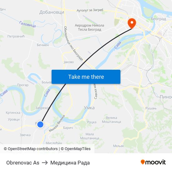 Obrenovac Аs to Медицина Рада map