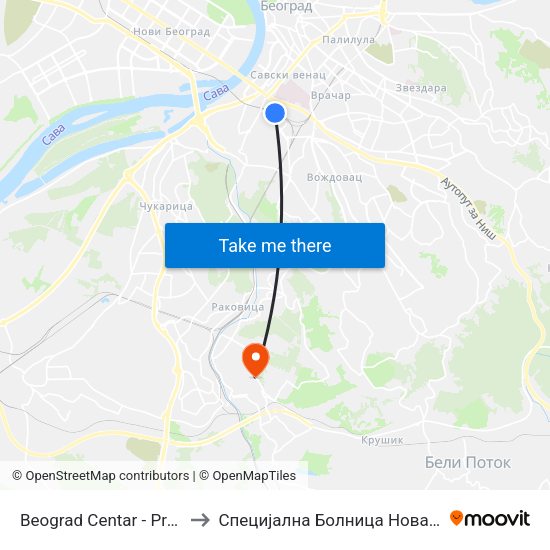 Beograd Centar - Prokop to Специјална Болница Нова Вита map