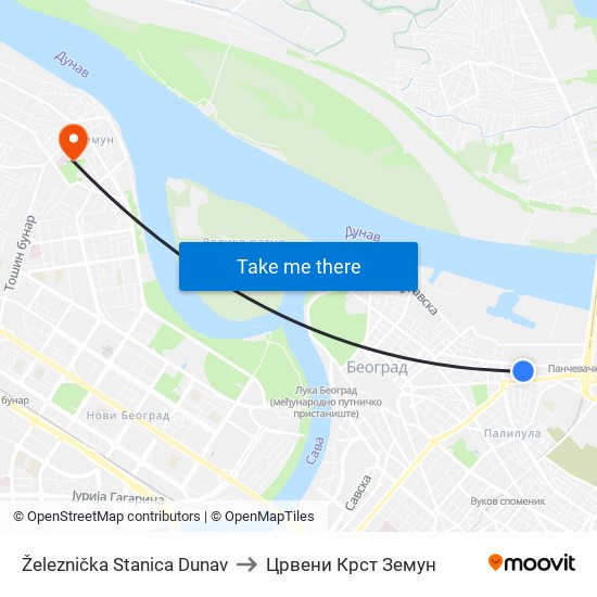 Železnička Stanica Dunav to Црвени Крст Земун map