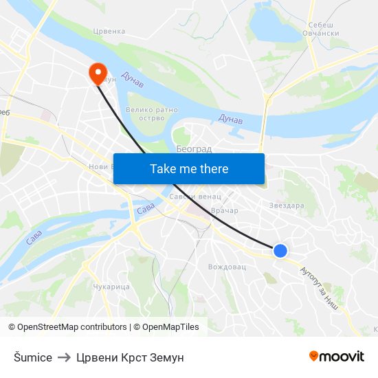Šumice to Црвени Крст Земун map
