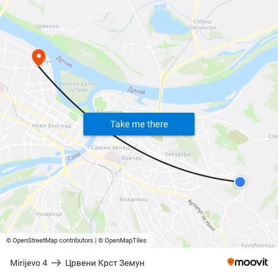 Mirijevo 4 to Црвени Крст Земун map