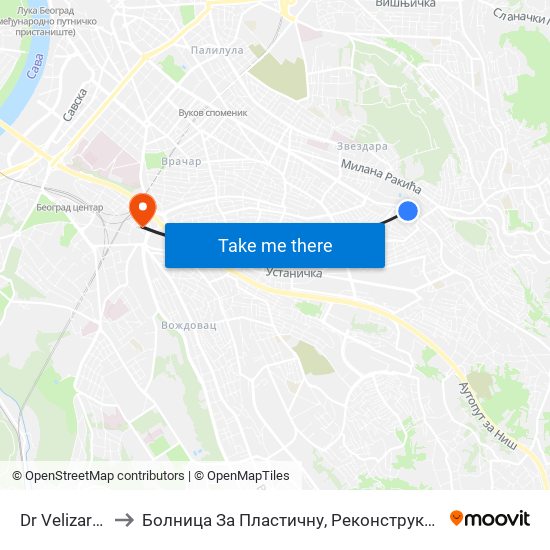 Dr Velizara Kosanovića to Болница За Пластичну, Реконструктивну И Естетску Хирургију „Др Цолић“ map