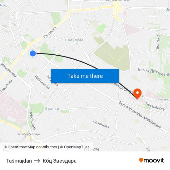 Tašmajdan to Кбц Звездара map