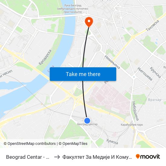 Beograd Centar - Prokop to Факултет За Медије И Комуникације map