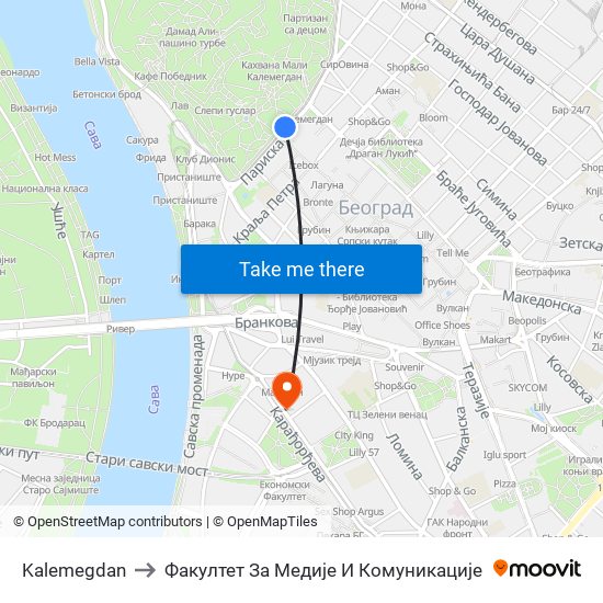 Kalemegdan to Факултет За Медије И Комуникације map