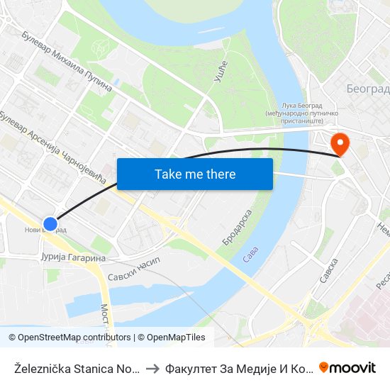 Železnička Stanica Novi Beograd to Факултет За Медије И Комуникације map