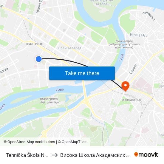 Tehnička Škola Novi Beograd to Висока Школа Академских Студија „Доситеј“ map