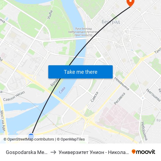 Gospodarska Mehana to Универзитет Унион - Никола Тесла map