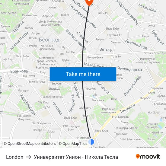 London to Универзитет Унион - Никола Тесла map