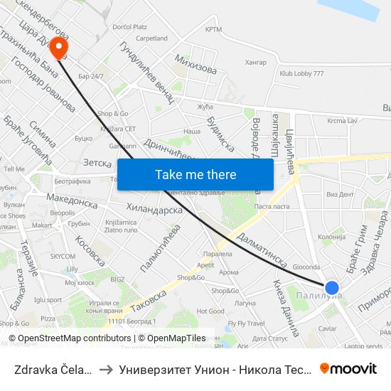 Zdravka Čelara to Универзитет Унион - Никола Тесла map