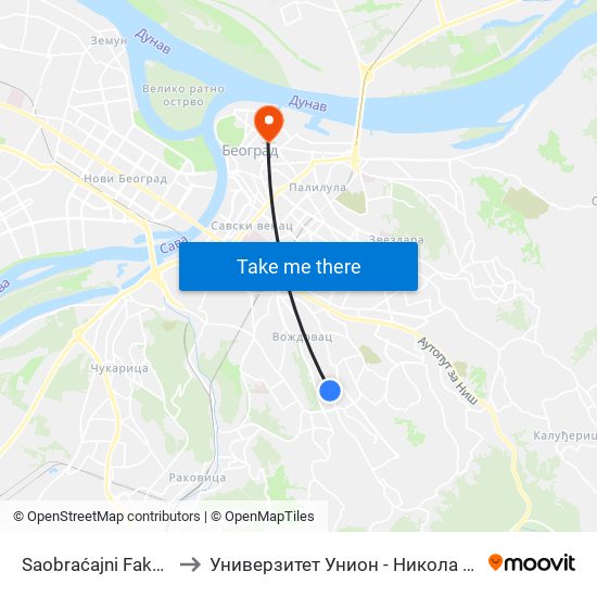 Saobraćajni Fakultet to Универзитет Унион - Никола Тесла map
