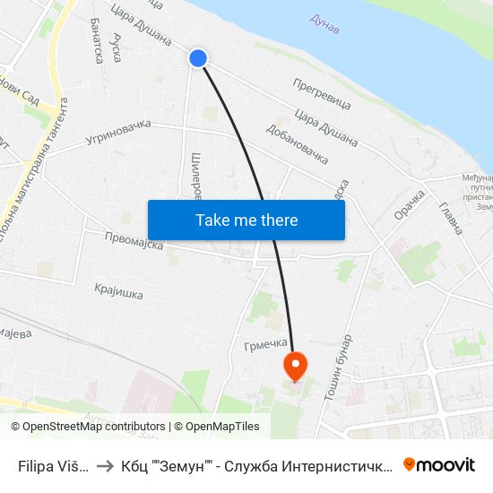 Filipa Višnjića to Кбц ""Земун"" - Служба Интернистичке Геријатрије map