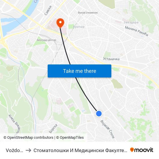 Voždovac to Стоматолошки И Медицински Факултет (Деканат) map