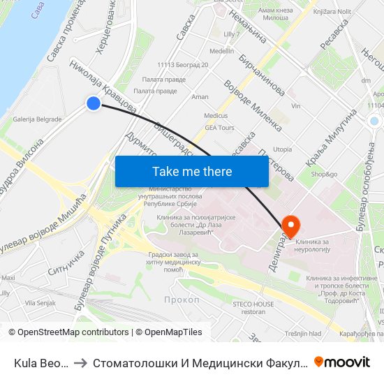 Kula Beograd to Стоматолошки И Медицински Факултет (Деканат) map