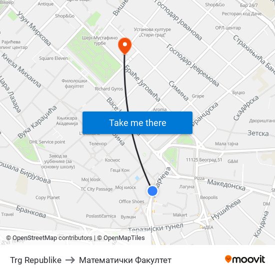 Trg Republike to Математички Факултет map