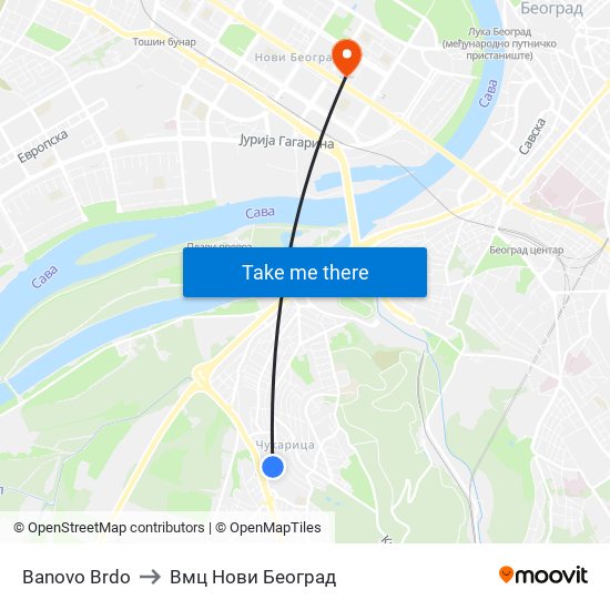 Banovo Brdo to Вмц Нови Београд map