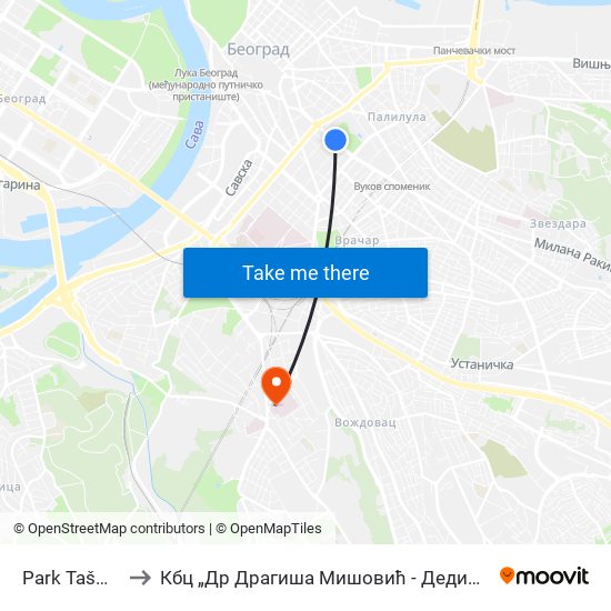 Park Tašmajdan to Кбц „Др Драгиша Мишовић - Дедиње“ Комплекс А map