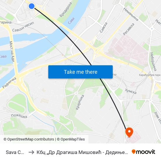 Sava Centar to Кбц „Др Драгиша Мишовић - Дедиње“ Комплекс А map