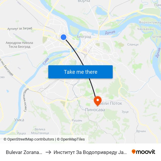 Bulevar Zorana Đinđića to Институт За Водопривреду Јарослав Черни map