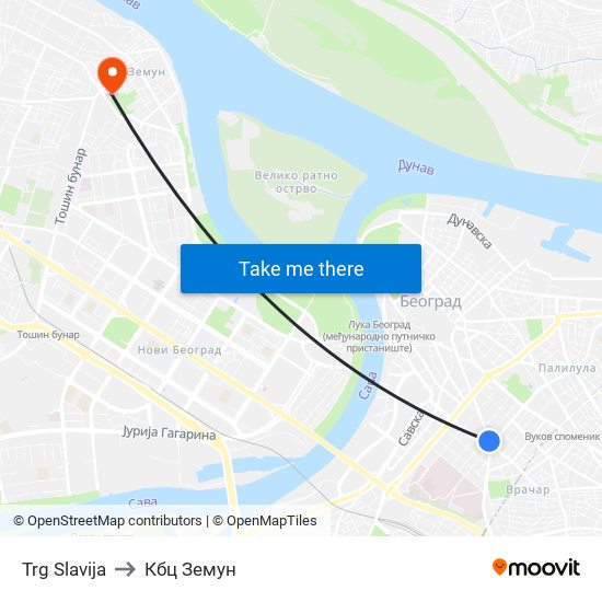Trg Slavija to Кбц Земун map