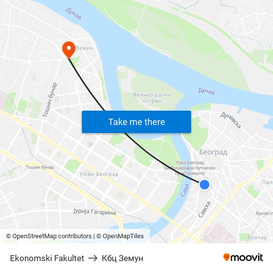 Ekonomski Fakultet to Кбц Земун map