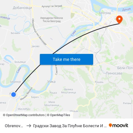 Obrenovac Аs to Градски Завод За Плућне Болести И Туберкулозу map