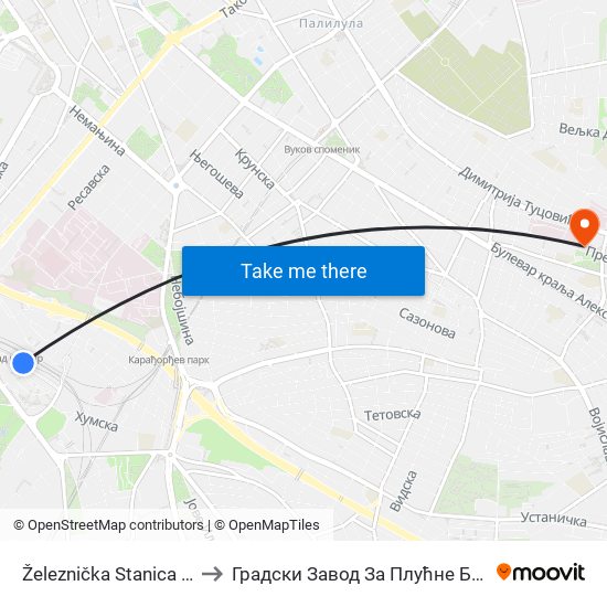 Železnička Stanica Beograd Centar to Градски Завод За Плућне Болести И Туберкулозу map