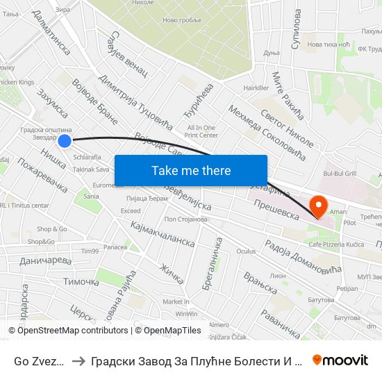 Go Zvezdara to Градски Завод За Плућне Болести И Туберкулозу map