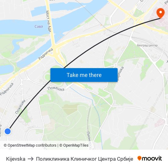 Kijevska to Поликлиника Клиничког Центра Србије map